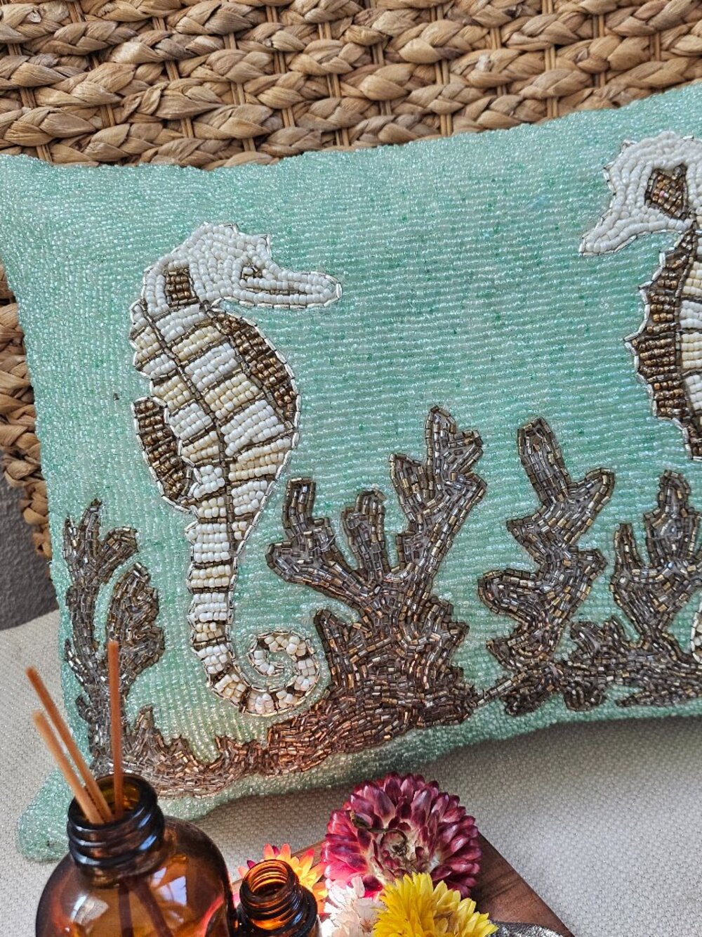 Coastal Collections Beaded Seahorse Throw Pillow Mint Green Nautical Decor